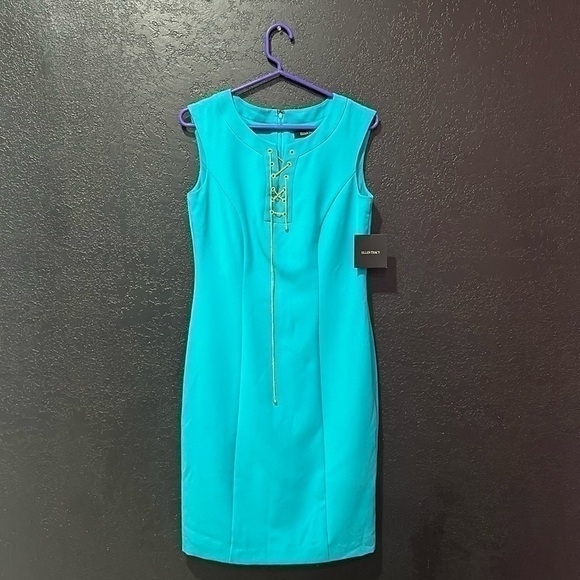 Ellen Tracy turquoise women’s dress with gold chain closure at neck line Size 4 - Picture 1 of 5